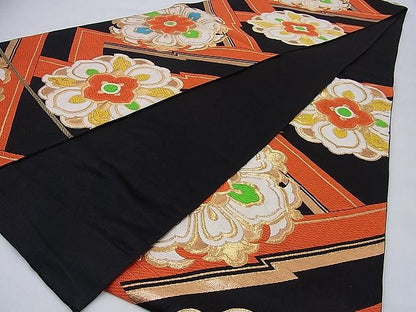 平和屋着物■六通柄袋帯 唐織 吉祥花文 黒地 金糸 逸品 n-sa1371
