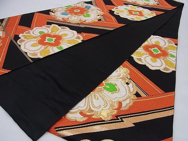 平和屋着物■六通柄袋帯 唐織 吉祥花文 黒地 金糸 逸品 n-sa1371