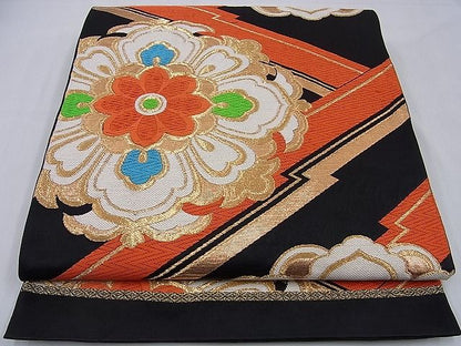 平和屋着物■六通柄袋帯 唐織 吉祥花文 黒地 金糸 逸品 n-sa1371