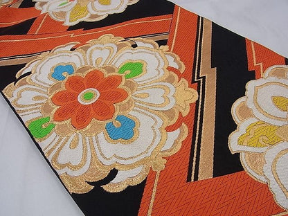 平和屋着物■六通柄袋帯 唐織 吉祥花文 黒地 金糸 逸品 n-sa1371