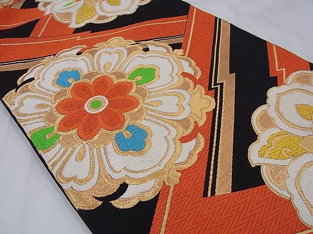 平和屋着物■六通柄袋帯 唐織 吉祥花文 黒地 金糸 逸品 n-sa1371