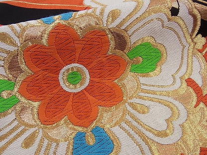 平和屋着物■六通柄袋帯 唐織 吉祥花文 黒地 金糸 逸品 n-sa1371