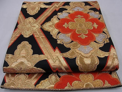 平和屋着物■六通柄袋帯 唐織 松皮菱花文 黒地 金銀糸 逸品 n-sa1380
