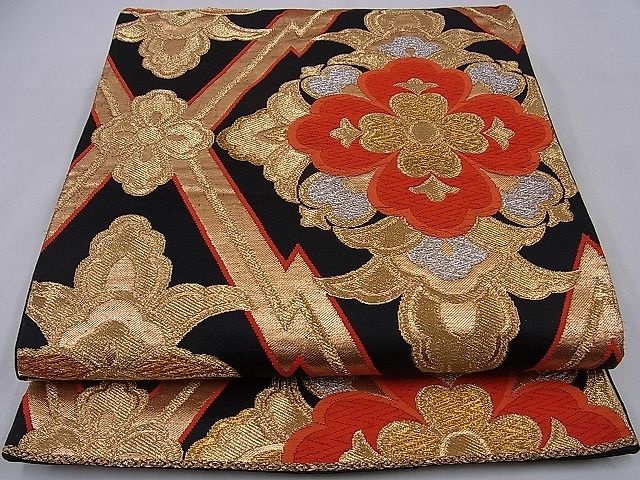 平和屋着物■六通柄袋帯 唐織 松皮菱花文 黒地 金銀糸 逸品 n-sa1380