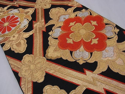 平和屋着物■六通柄袋帯 唐織 松皮菱花文 黒地 金銀糸 逸品 n-sa1380