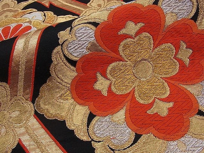 平和屋着物■六通柄袋帯 唐織 松皮菱花文 黒地 金銀糸 逸品 n-sa1380