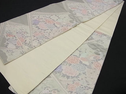 平和屋着物■六通柄袋帯 唐織 孔雀花文 プラチナ箔 銀糸 逸品 n-sa1798