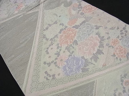 平和屋着物■六通柄袋帯 唐織 孔雀花文 プラチナ箔 銀糸 逸品 n-sa1798