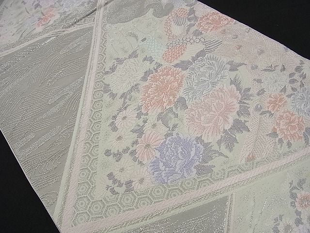 平和屋着物■六通柄袋帯 唐織 孔雀花文 プラチナ箔 銀糸 逸品 n-sa1798