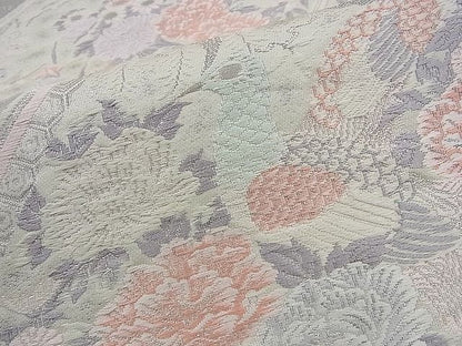 平和屋着物■六通柄袋帯 唐織 孔雀花文 プラチナ箔 銀糸 逸品 n-sa1798