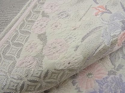 平和屋着物■六通柄袋帯 唐織 孔雀花文 プラチナ箔 銀糸 逸品 n-sa1798