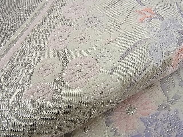 平和屋着物■六通柄袋帯 唐織 孔雀花文 プラチナ箔 銀糸 逸品 n-sa1798