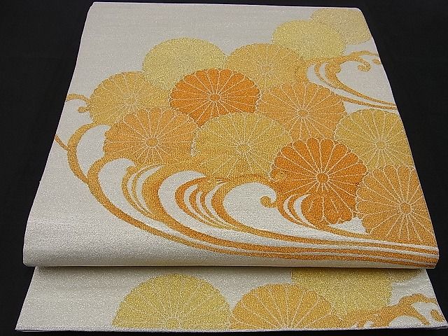 平和屋着物■太鼓柄袋帯 古代砂子綴 波涛菊花文 金銀糸 逸品 n-sa2332