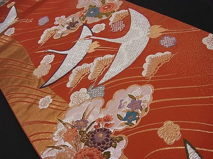 平和屋着物■六通柄袋帯 唐織 雲取り飛鶴吉祥花文 金銀糸 逸品 n-sa2354