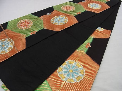 平和屋着物■六通柄袋帯 唐織 亀甲花文 黒地 金糸 逸品 n-sa2470