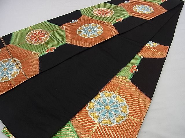 平和屋着物■六通柄袋帯 唐織 亀甲花文 黒地 金糸 逸品 n-sa2470