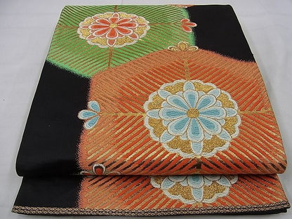 平和屋着物■六通柄袋帯 唐織 亀甲花文 黒地 金糸 逸品 n-sa2470