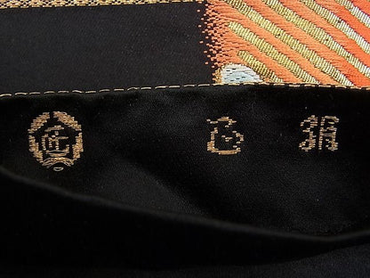 平和屋着物■六通柄袋帯 唐織 亀甲花文 黒地 金糸 逸品 n-sa2470