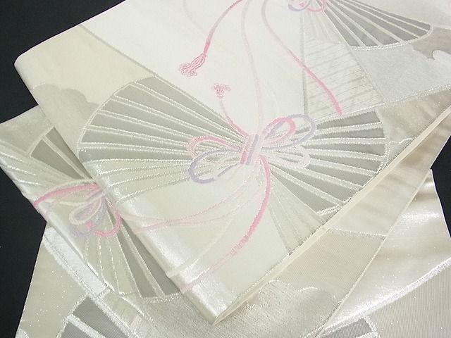 平和屋着物■六通柄袋帯 扇面吉祥文 プラチナ箔 銀糸 逸品 sf0334