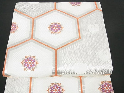 平和屋着物■六通柄袋帯 亀甲松葉花文 銀糸 逸品 sf0729