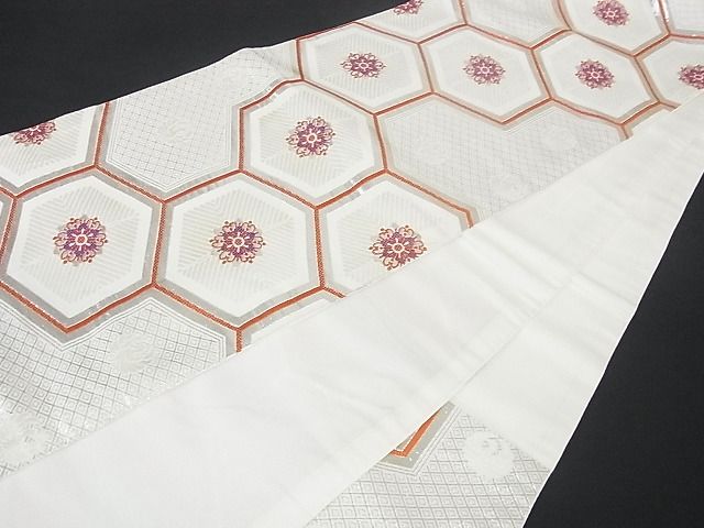 平和屋着物■六通柄袋帯 亀甲松葉花文 銀糸 逸品 sf0729