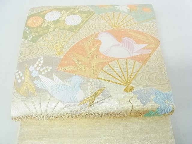 平和屋着物■太鼓柄袋帯　扇面鴛鴦花文　金糸　逸品　sf1222