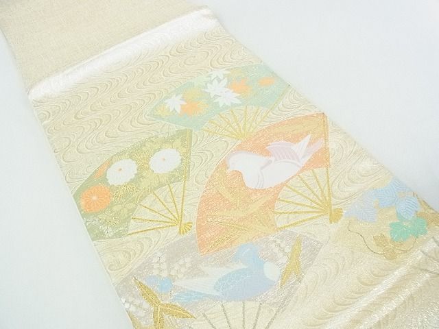 平和屋着物■太鼓柄袋帯　扇面鴛鴦花文　金糸　逸品　sf1222