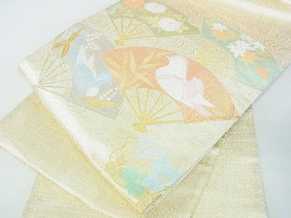 平和屋着物■太鼓柄袋帯　扇面鴛鴦花文　金糸　逸品　sf1222