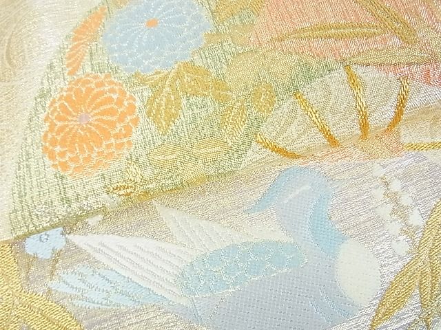 平和屋着物■太鼓柄袋帯　扇面鴛鴦花文　金糸　逸品　sf1222