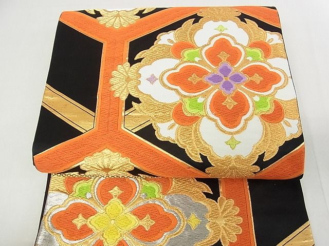 平和屋着物■六通柄袋帯 唐織 亀甲花文 黒地 金銀糸 逸品 sf1663