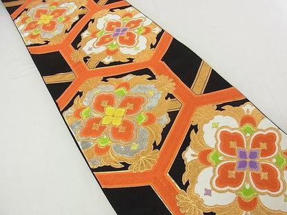 平和屋着物■六通柄袋帯 唐織 亀甲花文 黒地 金銀糸 逸品 sf1663
