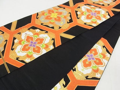 平和屋着物■六通柄袋帯 唐織 亀甲花文 黒地 金銀糸 逸品 sf1663