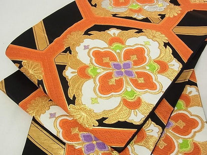 平和屋着物■六通柄袋帯 唐織 亀甲花文 黒地 金銀糸 逸品 sf1663
