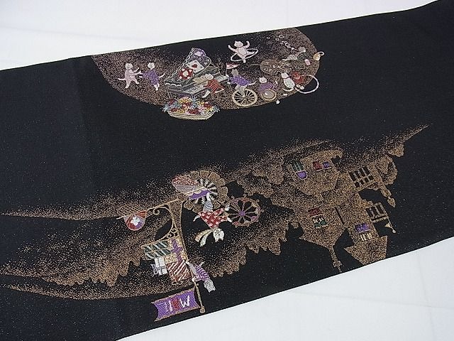 平和屋本店■極上　六通柄袋帯　SWING AMUSEMENT - PARK　遊園地　猫柄　黒地　本金糸　プラチナ　逸品　DZAA1265kh4 - 平和屋
