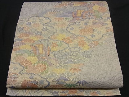 平和屋着物■佐賀錦 六通柄袋帯 御所車流水花文 金通し地 逸品 n-sx0314