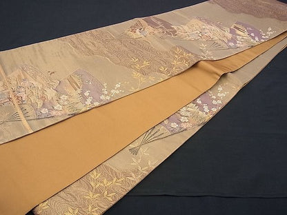 平和屋着物■六通柄袋帯 扇面御所車花鳥文 金糸 逸品 n-sx1138