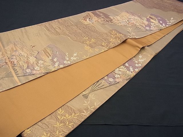 平和屋着物■六通柄袋帯 扇面御所車花鳥文 金糸 逸品 n-sx1138