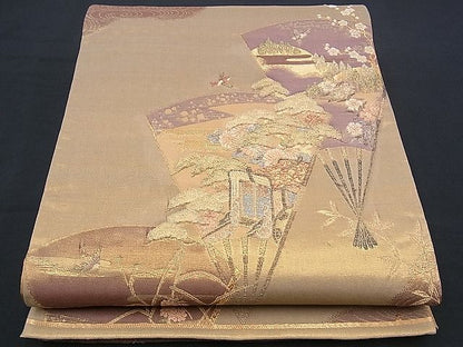 平和屋着物■六通柄袋帯 扇面御所車花鳥文 金糸 逸品 n-sx1138