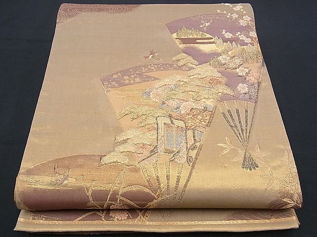 平和屋着物■六通柄袋帯 扇面御所車花鳥文 金糸 逸品 n-sx1138