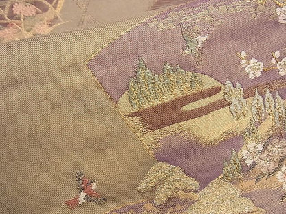 平和屋着物■六通柄袋帯 扇面御所車花鳥文 金糸 逸品 n-sx1138