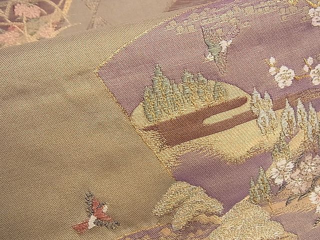 平和屋着物■六通柄袋帯 扇面御所車花鳥文 金糸 逸品 n-sx1138
