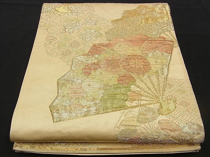 平和屋着物■六通柄袋帯 ふくれ織 吉祥扇面花文 金糸 逸品 n-sx1258