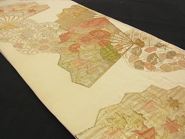 平和屋着物■六通柄袋帯 ふくれ織 吉祥扇面花文 金糸 逸品 n-sx1258