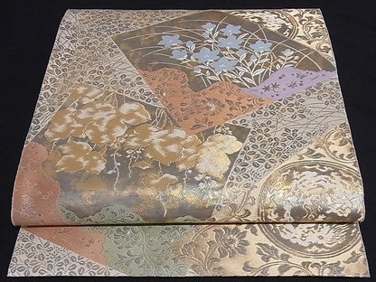 平和屋着物■六通柄袋帯 色紙重ね草花文 金糸 引箔 正絹 逸品 A-sx6444