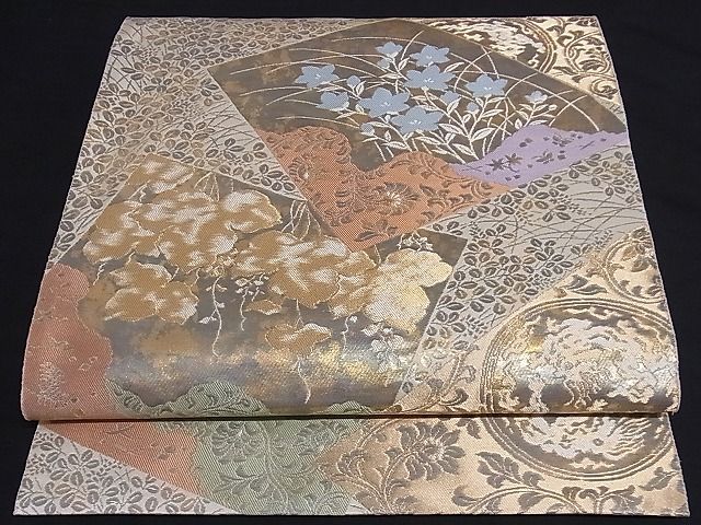 平和屋着物■六通柄袋帯 色紙重ね草花文 金糸 引箔 正絹 逸品 A-sx6444