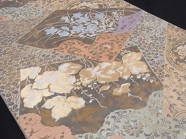 平和屋着物■六通柄袋帯 色紙重ね草花文 金糸 引箔 正絹 逸品 A-sx6444