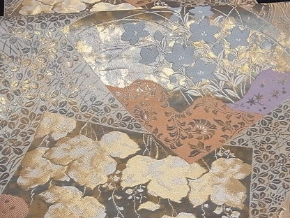 平和屋着物■六通柄袋帯 色紙重ね草花文 金糸 引箔 正絹 逸品 A-sx6444