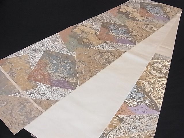 平和屋着物■六通柄袋帯 色紙重ね草花文 金糸 引箔 正絹 逸品 A-sx6444