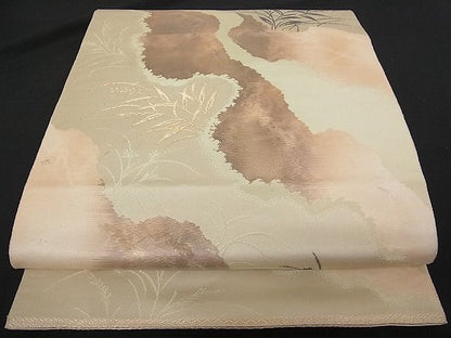 平和屋着物■六通柄袋帯 こはく錦 霞枝葉文 金糸 正絹 逸品 A-tn1769