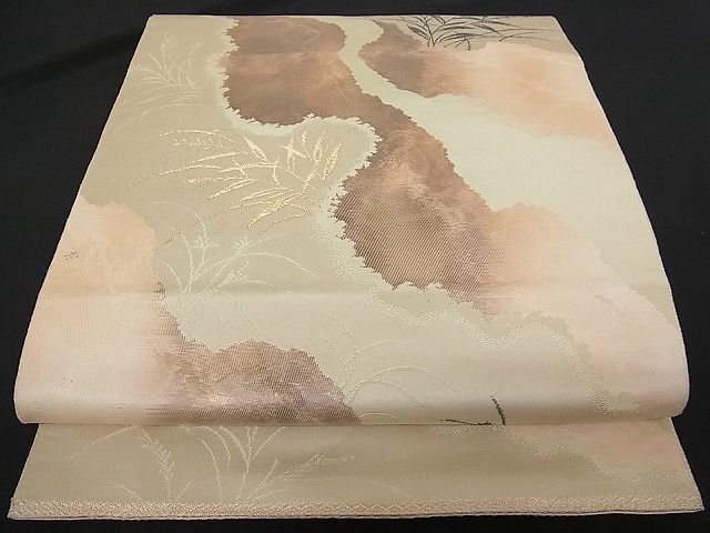 平和屋着物■六通柄袋帯 こはく錦 霞枝葉文 金糸 正絹 逸品 A-tn1769